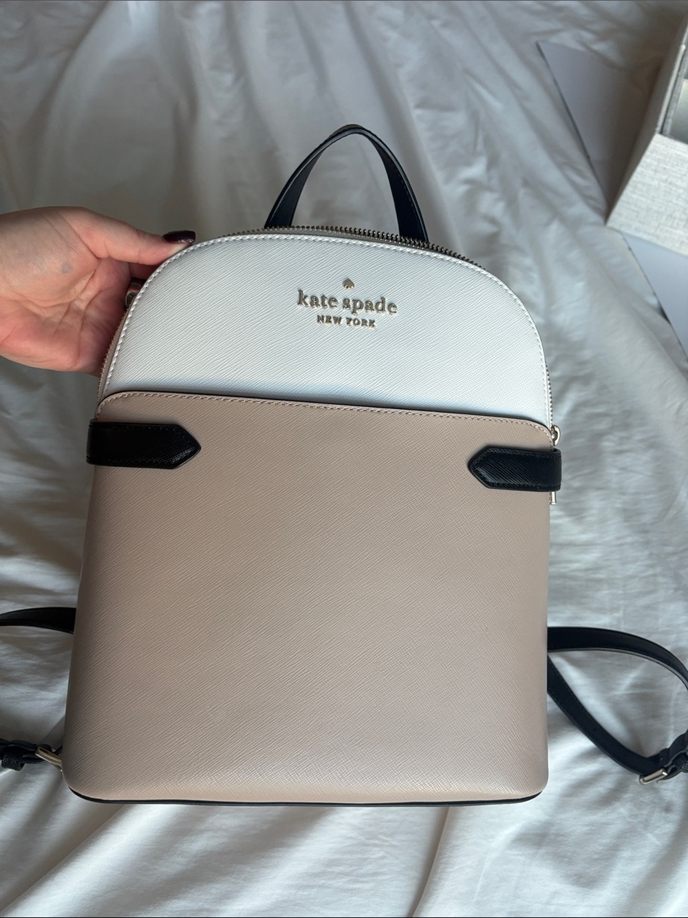 Obo. kate spade Two-Tone Taupe and White Mini Backpack with Black Trim